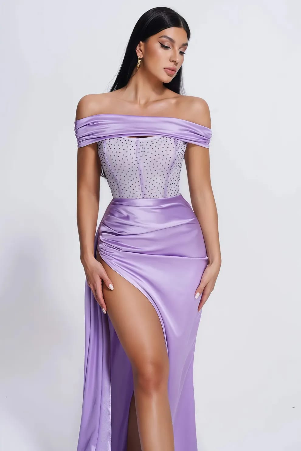 Qearl Purple Mesh Corset Satin Maxi Dress
